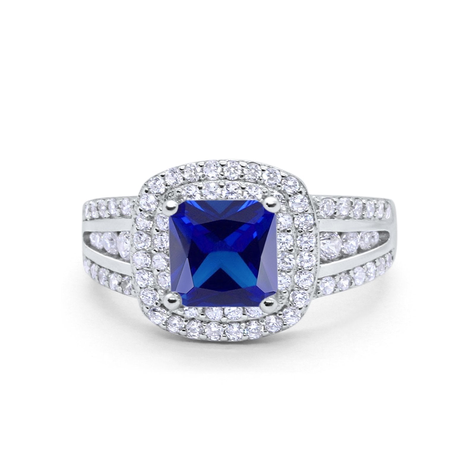Halo Art Deco Wedding Ring Princess Cut Round Simulated Blue Sapphire CZ 925 Sterling Silver