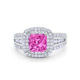 Halo Art Deco Wedding Ring Princess Cut Simulated Pink CZ 925 Sterling Silver