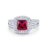 Halo Art Deco Wedding Ring Princess Cut Round Simulated Ruby CZ 925 Sterling Silver