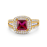 Halo Art Deco Wedding Ring Yellow Tone, Simulated Ruby CZ 925 Sterling Silver