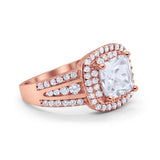 Halo Art Deco Wedding Ring Rose Tone, Simulated Cubic Zirconia 925 Sterling Silver