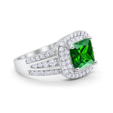 Halo Art Deco Wedding Ring  Round Simulated Green Emerald CZ 925 Sterling Silver