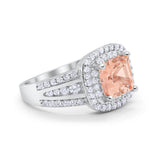 Halo Wedding Ring Princess Simulated Morganite CZ 925 Sterling Silver