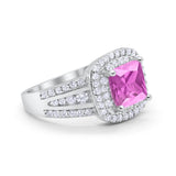 Halo Art Deco Wedding Ring Princess Cut Simulated Pink CZ 925 Sterling Silver