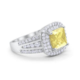 Halo Wedding Ring Princess Simulated Yellow CZ 925 Sterling Silver