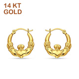 14K Yellow Gold 12mm Heart & Crown Claddagh Hallow Hoop Earrings Wholesale