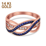14K Two Tone Simulated Blue Sapphire CZ Round Half Eternity Weave Knot Ring Wedding Engagement Band Size 7