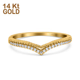 14K Yellow Gold Art Deco Half Eternity Stackable Curved V Chevron Midi Band Wedding Engagement Ring Simulated CZ Size 7