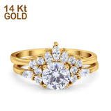 14K Yellow Gold Two Piece Round Bridal Set Ring Wedding Engagement Band Simulated CZ Size 7