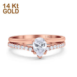 14K Rose Gold Teardrop Pear Accent Simulated CZ Wedding Engagement Ring Size 7