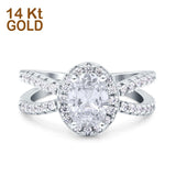 14K White Gold Art Deco Oval Solid Bridal Simulated CZ Wedding Engagement Ring Size 7