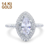 14K White Gold Halo Art Deco Marquise Solid Bridal Simulated CZ Wedding Engagement Ring Size 7