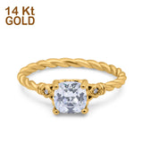14K Yellow Gold Art Deco Cushion Three Stone Bridal Simulated CZ Wedding Engagement Ring Size 7