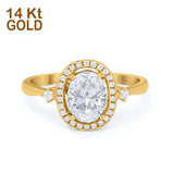 14K Yellow Gold Art Deco Halo Oval Simulated CZ Bridal Wedding Engagement Ring Size 7