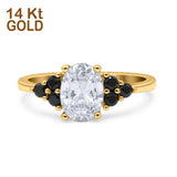 14K Yellow Gold Art Deco Oval Bridal Black Round Simulated CZ Wedding Engagement Ring Size 7