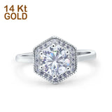 14K White Gold Art Deco Hexagon Shape Wedding Round Simulated Cubic Zirconia Engagement Ring Size 7