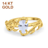 14K Yellow Gold Art Deco Leaves Pear Vintage Style Bridal Ring Simulated Cubic Zirconia Wedding Engagement Ring