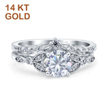 14K White Gold Two Piece Vintage Style Bridal Set Round Simulated Cubic Zirconia Wedding Ring