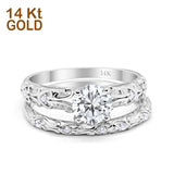 14K White Gold Art Deco Round Two Piece Bridal Set Ring Engagement Band Simulated CZ Size 7
