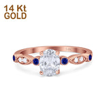 14K Rose Gold Vintage Style Oval Bridal Blue Sapphire Simulated CZ Wedding Engagement Ring Size 7