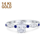 14K White Gold Vintage Style Oval Bridal Blue Sapphire Simulated CZ Wedding Engagement Ring Size 7
