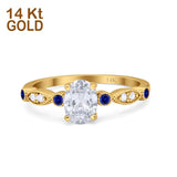 14K Yellow Gold Vintage Style Oval Bridal Blue Sapphire Simulated CZ Wedding Engagement Ring Size 7
