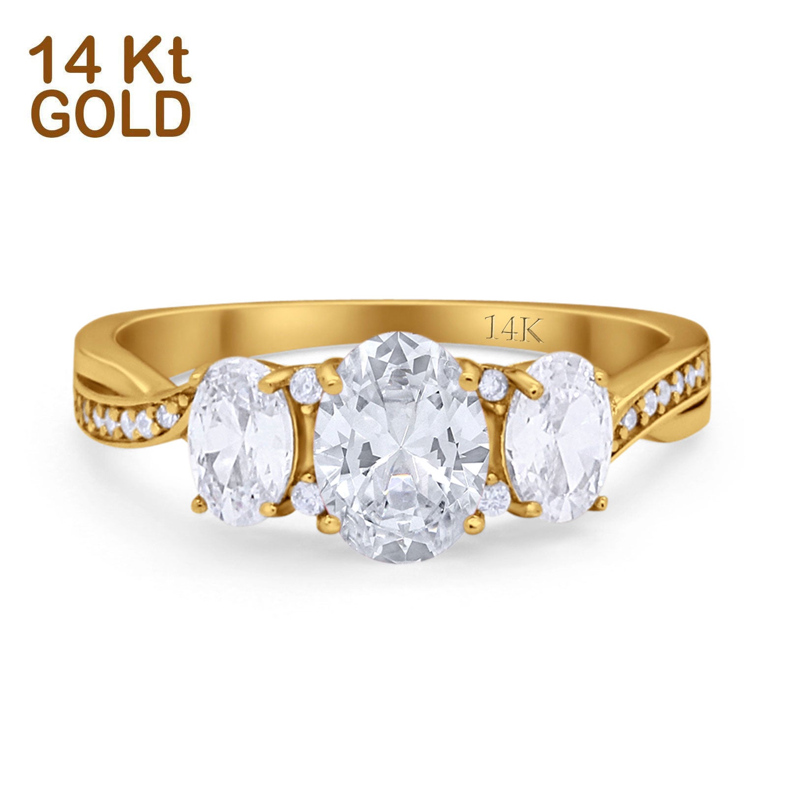 14K Yellow Gold Oval Three Stone Simulated Cubic Zirconia Wedding Enga