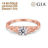 14K Rose Gold Solitaire Trinity Round 6.5mm D VS1 GIA Certified 1.01ct Lab Grown CVD Diamond Engagement Wedding Ring Size 6.5