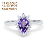 14K White Gold 2.00ct Teardrop Pear 9mmx7mm G SI Natural Amethyst Diamond Engagement Wedding Ring Size 6.5