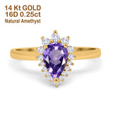 14K Yellow Gold 2.00ct Teardrop Pear 9mmx7mm G SI Natural Amethyst Diamond Engagement Wedding Ring Size 6.5