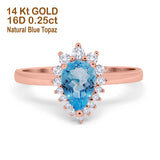 14K Rose Gold 2.00ct Teardrop Pear 9mmx7mm G SI Natural Blue Topaz Diamond Engagement Wedding Ring Size 6.5