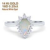 14K White Gold 0.25ct Teardrop Pear 9mmx7mm G SI Natural White Opal Diamond Engagement Wedding Ring Size 6.5