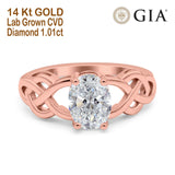 14K Rose Gold Oval Solitaire Celtic 8mmx6mm D VS2 GIA Certified 1.01ct Lab Grown CVD Diamond Engagement Wedding Ring Size 6.5