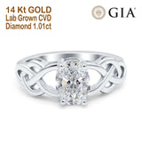 14K White Gold Oval Solitaire Celtic 8mmx6mm D VS2 GIA Certified 1.01ct Lab Grown CVD Diamond Engagement Wedding Ring Size 6.5