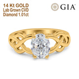 14K Yellow Gold Oval Solitaire Celtic 8mmx6mm D VS2 GIA Certified 1.01ct Lab Grown CVD Diamond Engagement Wedding Ring Size 6.5