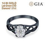 14K Black Gold Oval Halo Vintage Style 8mmx6mm D VS2 GIA Certified 1.01ct Lab Grown CVD Diamond Engagement Wedding Ring Size 6.5
