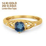 14K Yellow Gold 0.87ct Vintage Design Solitaire Round 6mm G SI London Blue Topaz Diamond Engagement Wedding Ring Size 6.5
