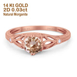 14K Rose Gold 0.87ct Vintage Design Solitaire Round 6mm G SI Natural Morganite Diamond Engagement Wedding Ring Size 6.5