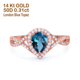 14K Rose Gold 1.56ct Teardrop Pear Infinity 11mm G SI London Blue Topaz Diamond Engagement Wedding Ring Size 6.5