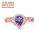 14K Rose Gold 1.56ct Teardrop Pear Infinity 11mm G SI Natural Amethyst Diamond Engagement Wedding Ring Size 6.5