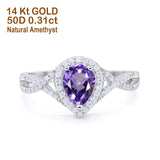 14K White Gold 1.56ct Teardrop Pear Infinity 11mm G SI Natural Amethyst Diamond Engagement Wedding Ring Size 6.5