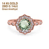 14K Rose Gold 1.42ct Art Deco Round 7mm G SI Natural Green Amethyst Diamond Engagement Wedding Ring Size 6.5