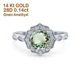 14K White Gold 1.42ct Art Deco Round 7mm G SI Natural Green Amethyst Diamond Engagement Wedding Ring Size 6.5