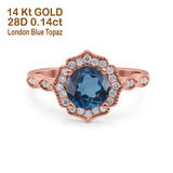 14K Rose Gold 1.42ct Art Deco Round 7mm G SI London Blue Topaz Diamond Engagement Wedding Ring Size 6.5