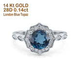 14K White Gold 1.42ct Art Deco Round 7mm G SI London Blue Topaz Diamond Engagement Wedding Ring Size 6.5