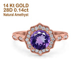 14K Rose Gold 1.42ct Art Deco Round 7mm G SI Natural Amethyst Diamond Engagement Wedding Ring Size 6.5