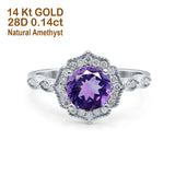 14K White Gold 1.42ct Art Deco Round 7mm G SI Natural Amethyst Diamond Engagement Wedding Ring Size 6.5