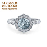 14K White Gold 1.42ct Art Deco Round 7mm G SI Natural Aquamarine Diamond Engagement Wedding Ring Size 6.5