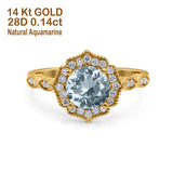 14K Yellow Gold 1.42ct Art Deco Round 7mm G SI Natural Aquamarine Diamond Engagement Wedding Ring Size 6.5