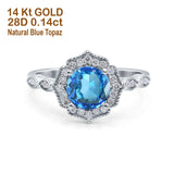 14K White Gold 1.42ct Art Deco Round 7mm G SI Natural Blue Topaz Diamond Engagement Wedding Ring Size 6.5